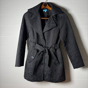 Vintage Women's Buttons Trench Dress Coat Medium Black Faux Leather Trim